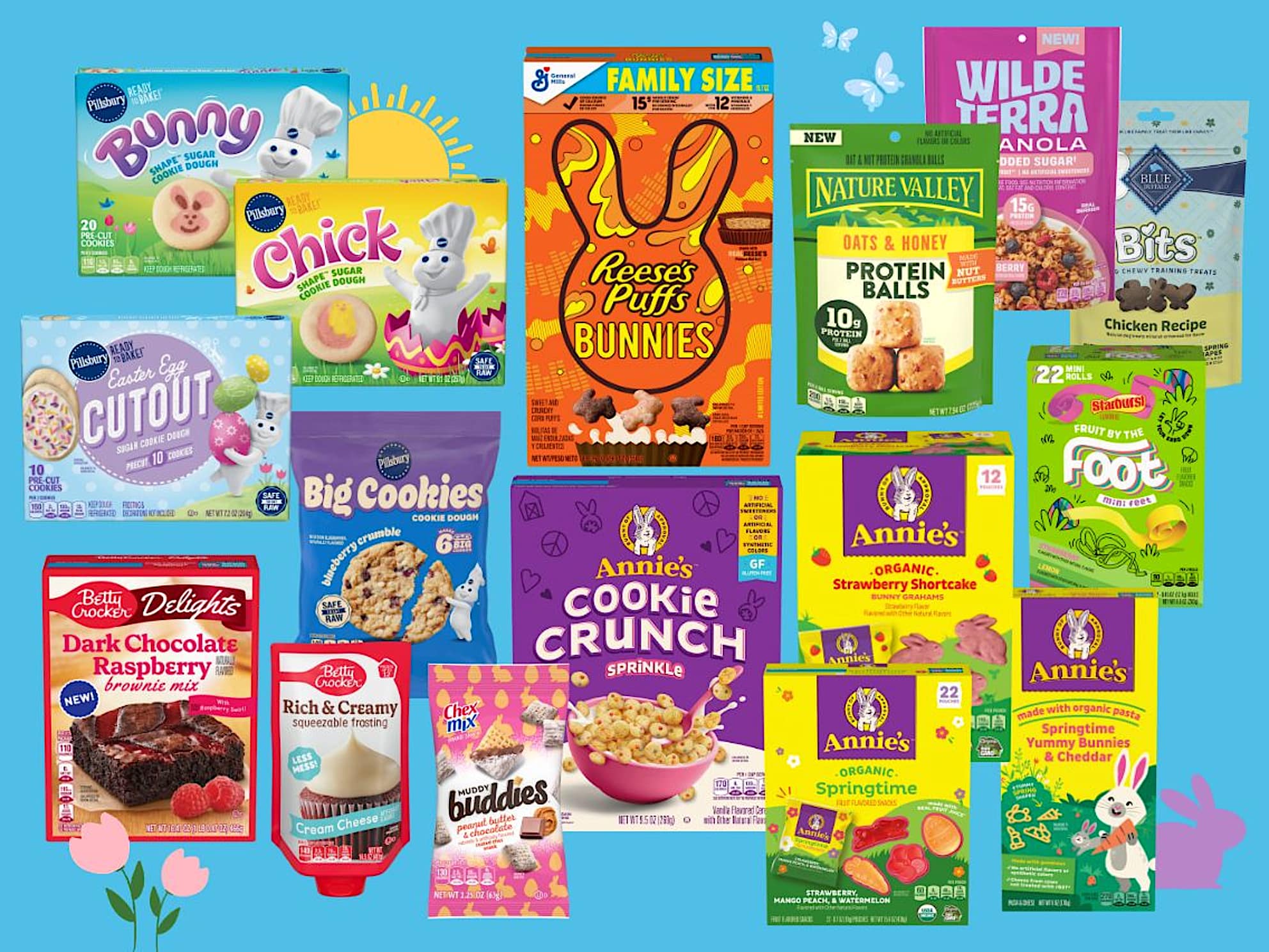 Pillsbury Shape Sugar Cookies, Reeses’s Puffs Bunnies, Betty Crocker Delights and more spring-forward products arranged on a bright blue background with sun and buttery fly infographics for spring.